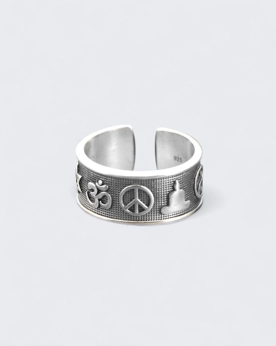 Sterling Silver Coexist Ring – Adjustable Band with World Religion Symbols - Rings