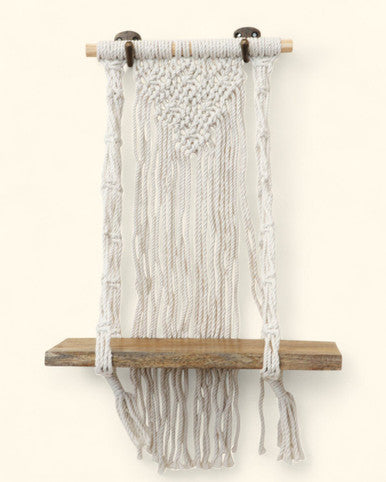 Macrame Wall Shelf with Natural Wood for Small Altar or Statue
