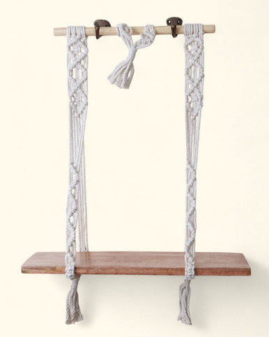 Macrame Wall Shelf with Natural Wood for Small Altar or Statue