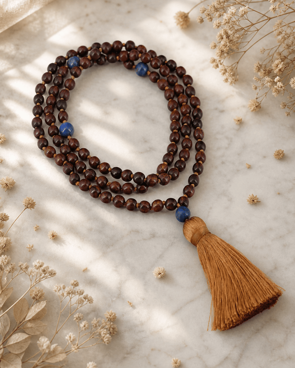 108 Beads Walnut Wood and Lapis Meditation Japa Mala - Prayer Beads