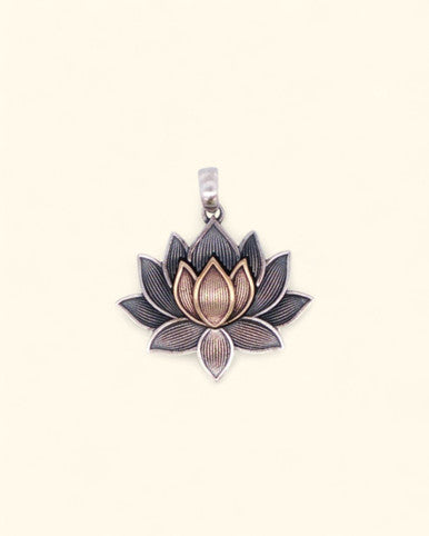 Two-Tone Blooming Lotus Pendant – Sterling Silver & Bronze Antique-Style Necklace
