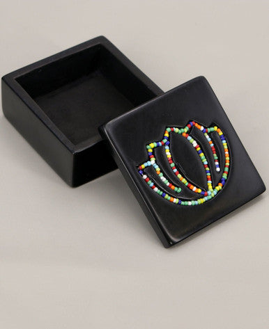 Artistic Beaded Soapstone Lotus Trinket Box, Crafted in Kenya