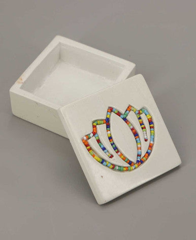 Artistic Beaded Soapstone Lotus Trinket Box, Crafted in Kenya