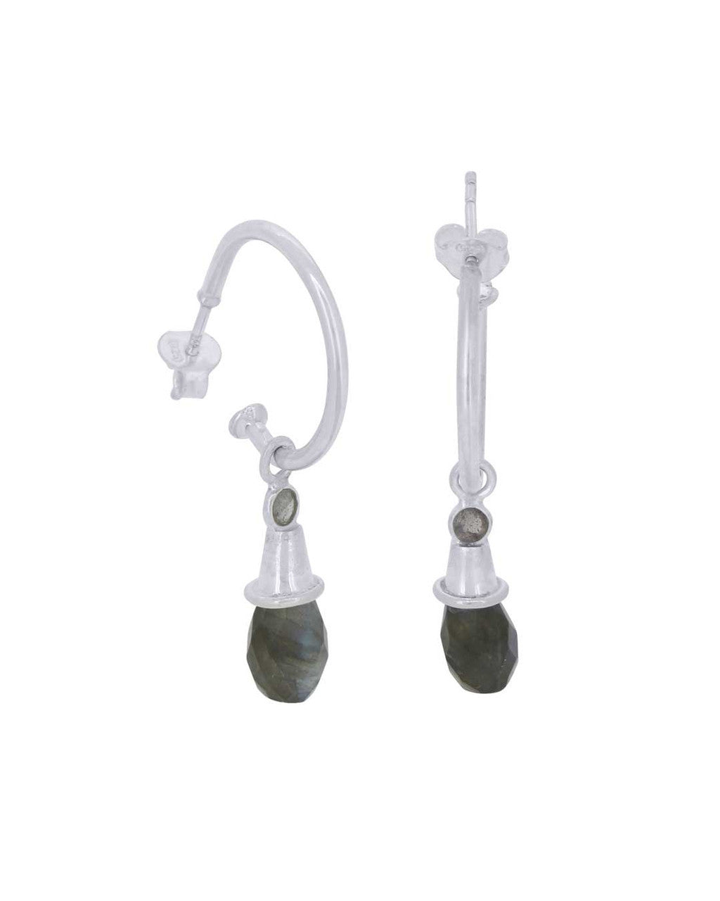Labradorite Sterling Silver Drop Hoop Earrings — Faceted Teardrop Gemstone
