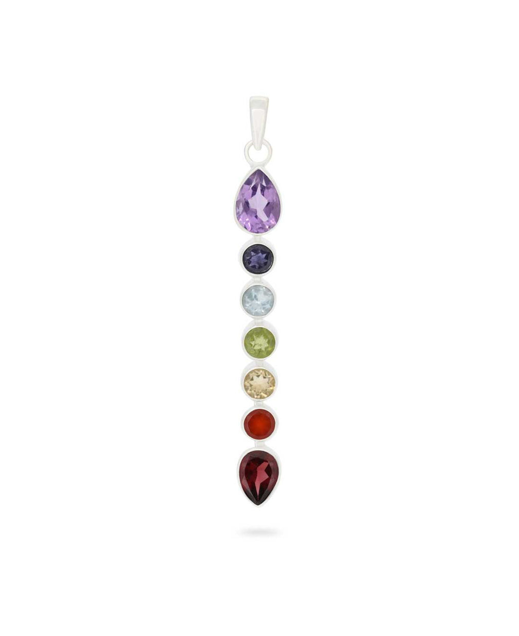 Seven Chakra Gemstone Pendant in Sterling Silver — Vertical Drop Necklace