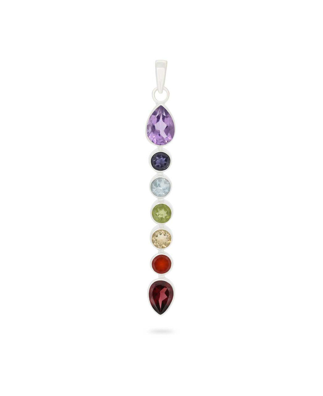 Seven Chakra Gemstone Pendant in Sterling Silver — Vertical Drop Necklace