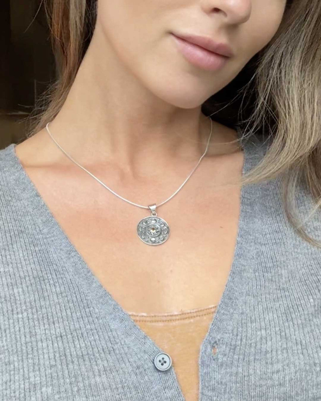 Inspirational Silver Celestial Sun Moon Pendant with Citrine