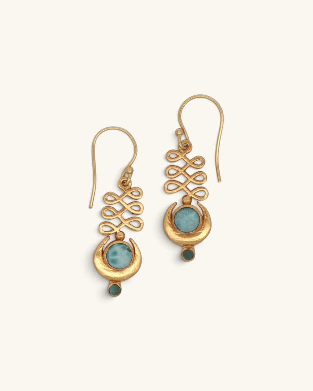 Gold Plated Larimar Unalome Moon Earrings