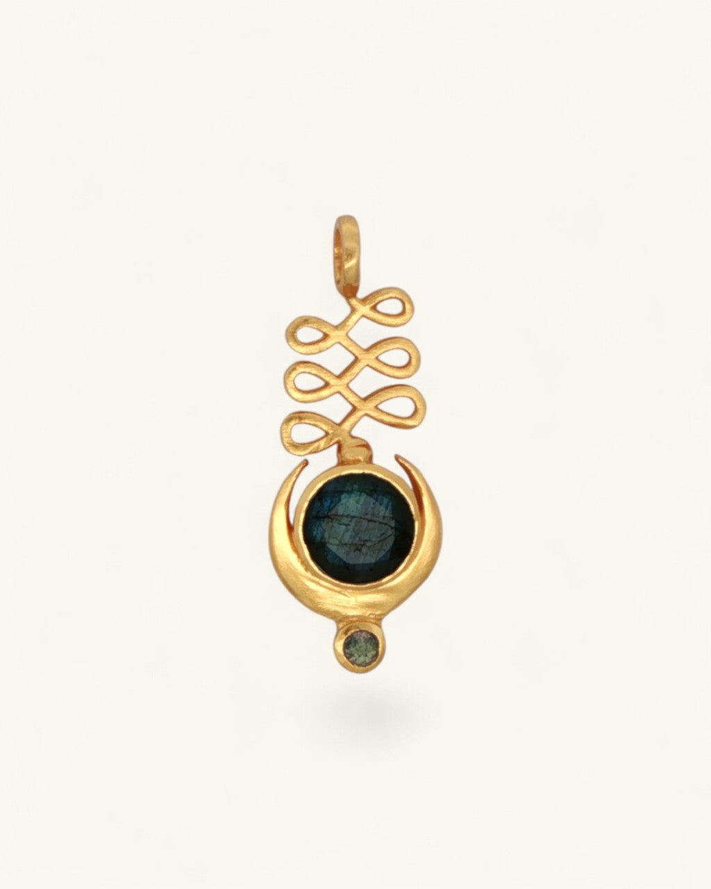 Unalome and Crescent Moon Labradorite Pendant — Gold-Plated Brass Spiritual Jewelry