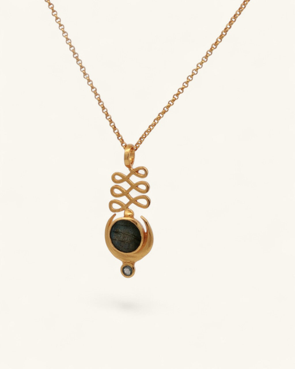 Unalome and Crescent Moon Labradorite Pendant — Gold-Plated Brass Spiritual Jewelry