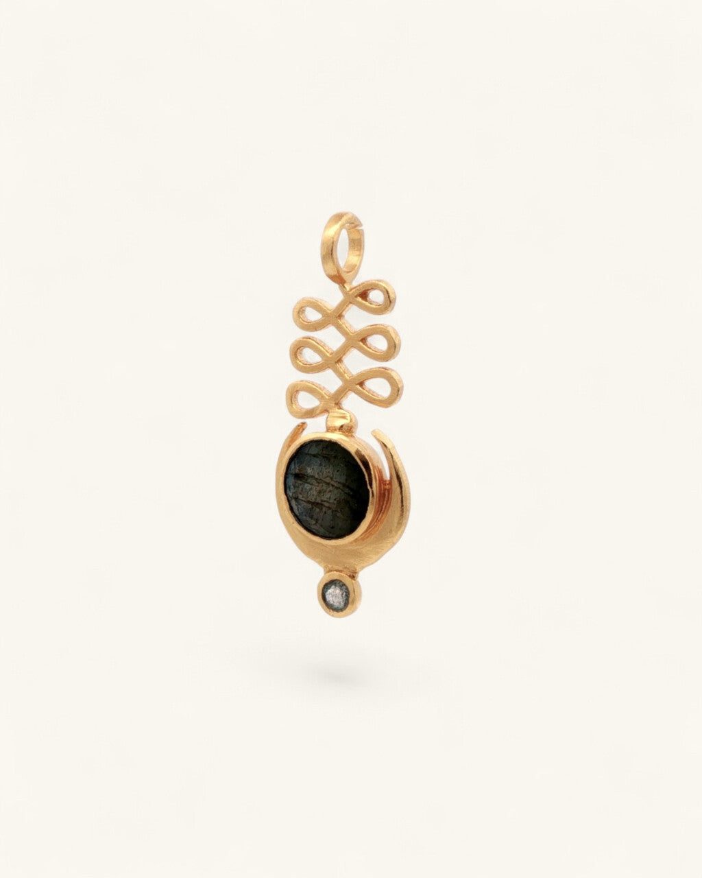 Unalome and Crescent Moon Labradorite Pendant — Gold-Plated Brass Spiritual Jewelry