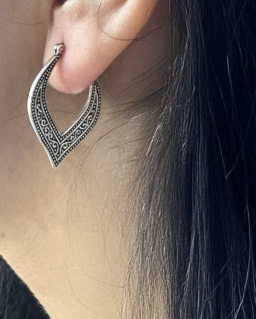 Sterling Silver Petal Hoop Earrings with Oxidized Filigree Detail