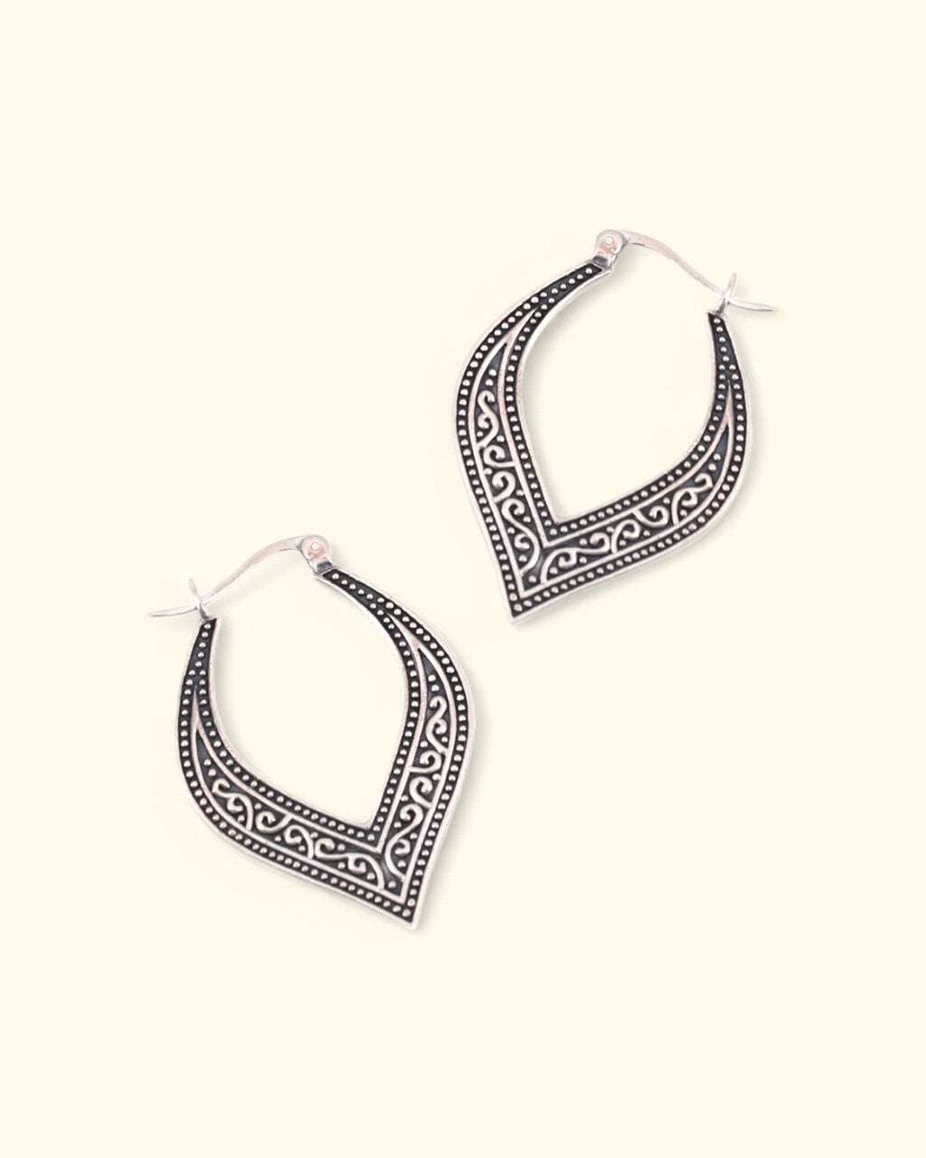 Sterling Silver Petal Hoop Earrings with Oxidized Filigree Detail