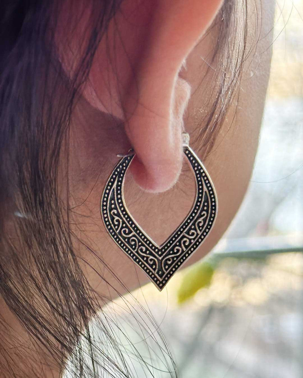 Sterling Silver Petal Hoop Earrings with Oxidized Filigree Detail