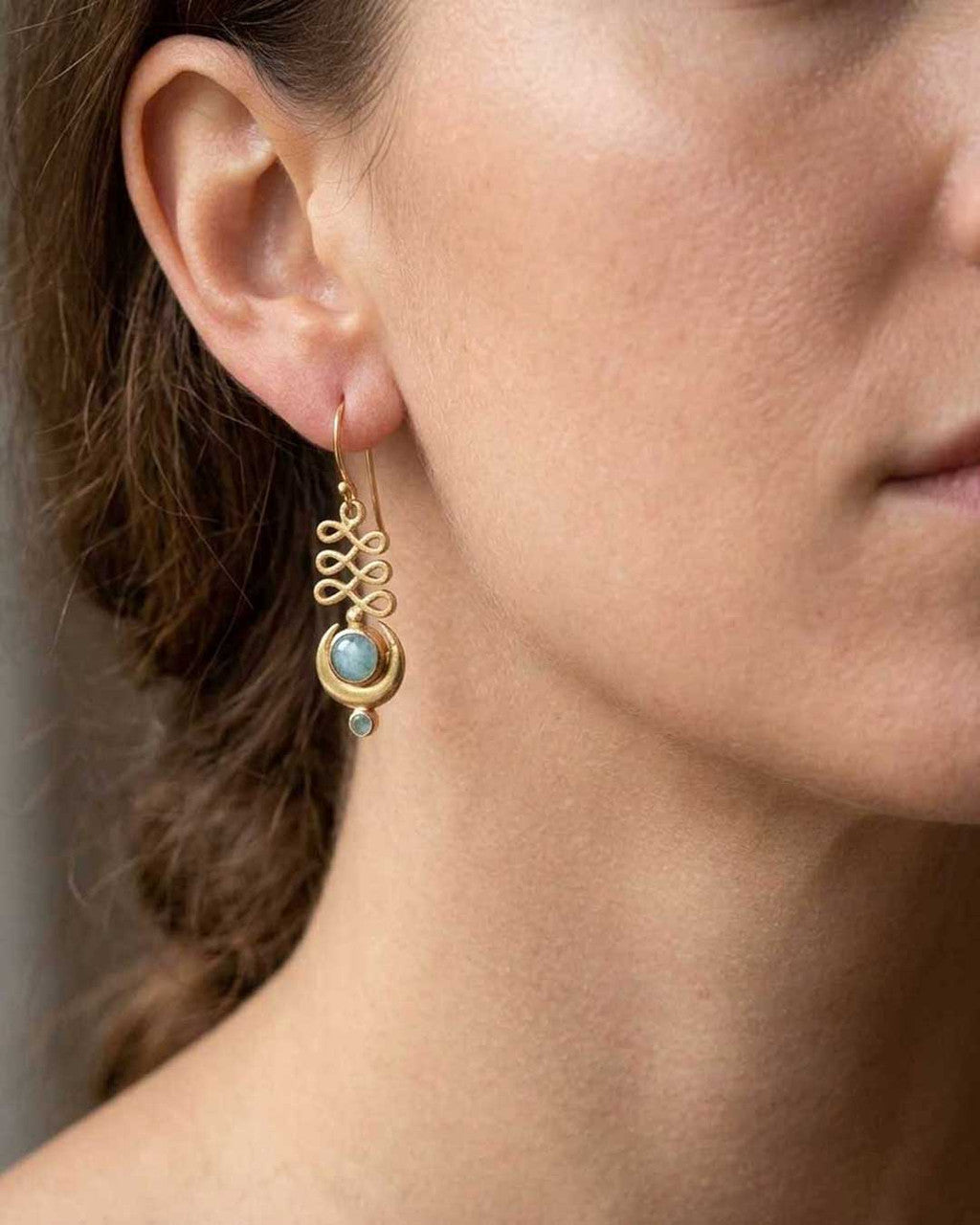 Gold Plated Larimar Unalome Moon Earrings