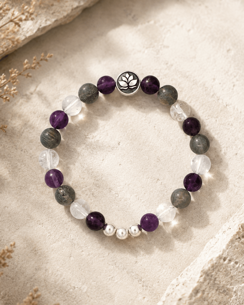 Amethyst, Labradorite & Clear Quartz Lotus Stretch Bracelet - Bracelet