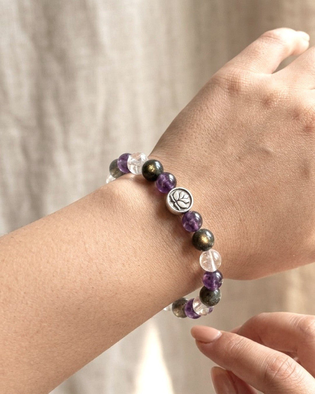 Amethyst, Labradorite & Clear Quartz Lotus Stretch Bracelet - Bracelet