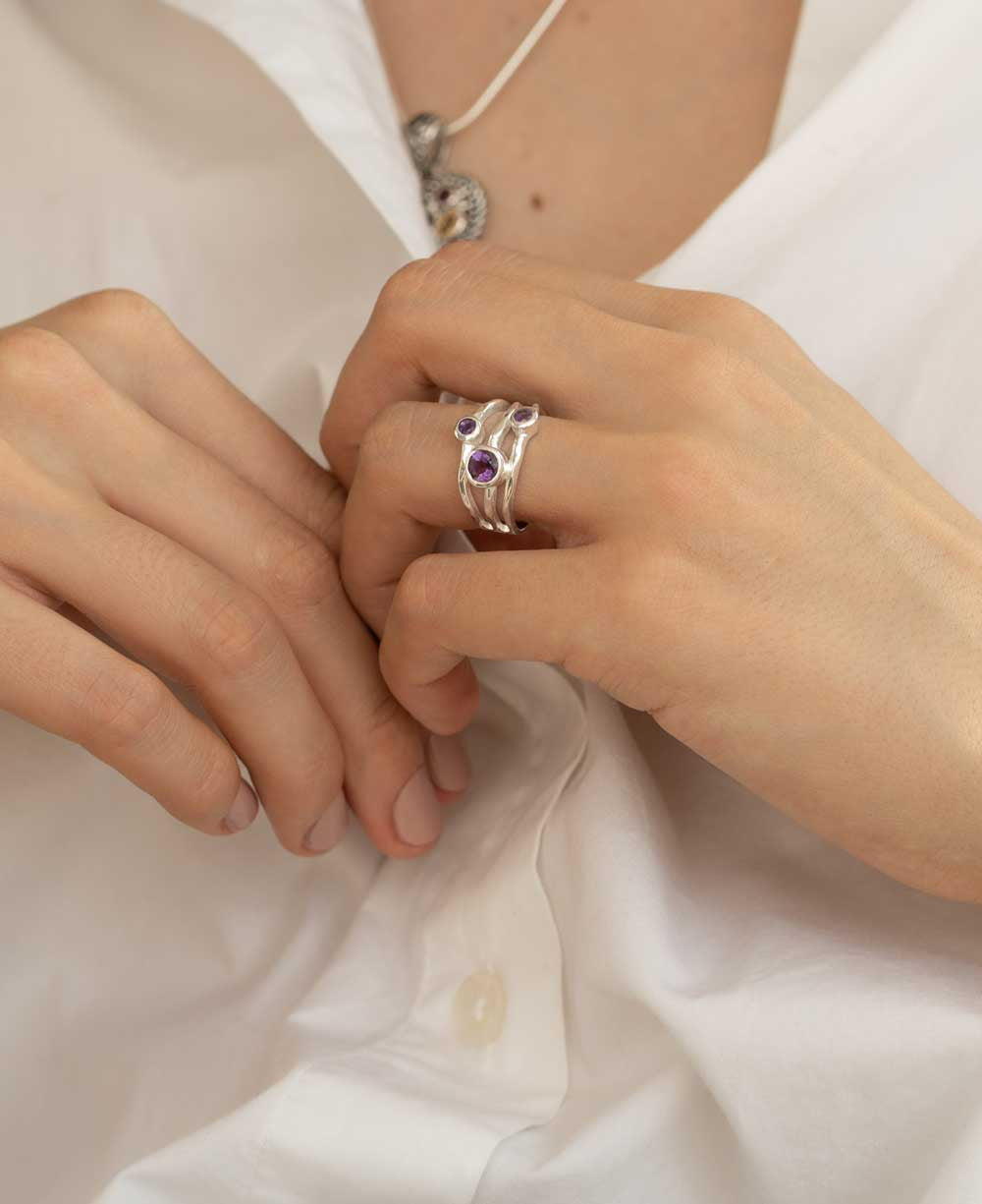 Amethyst Triple Gemstone Ring, Sterling Silver - Rings Size 6