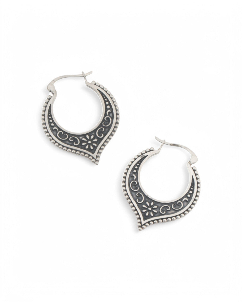 Antique Sterling Silver Lotus Petal Hoop Earrings - Earrings