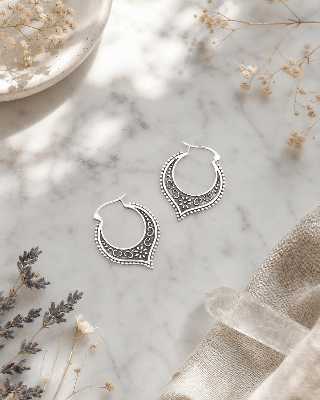 Antique Sterling Silver Lotus Petal Hoop Earrings - Earrings