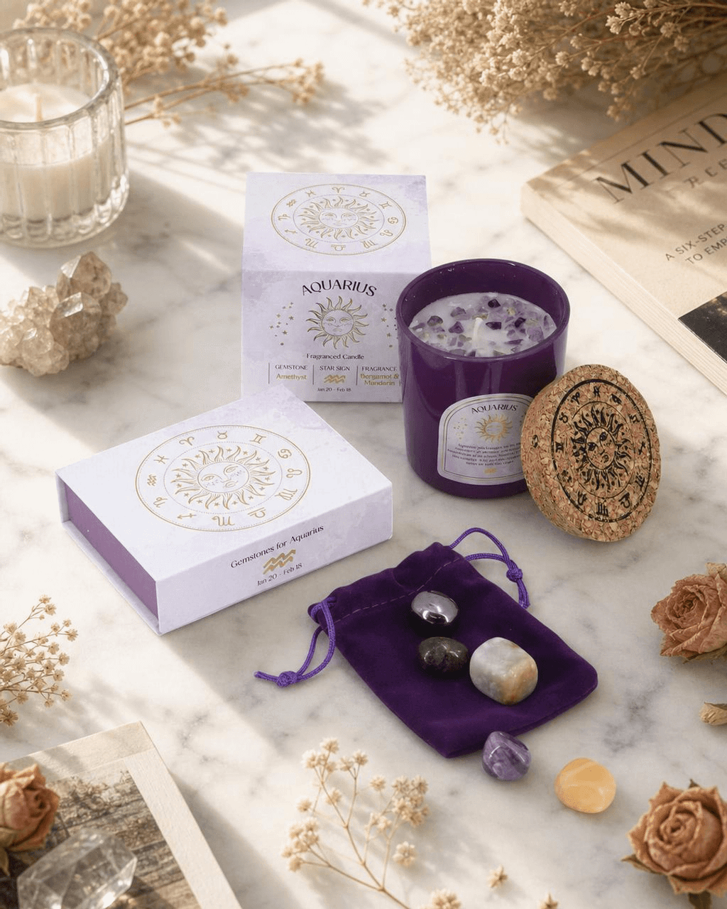 Aquarius Zodiac Candle & Crystal Tumblestone Set - Candles