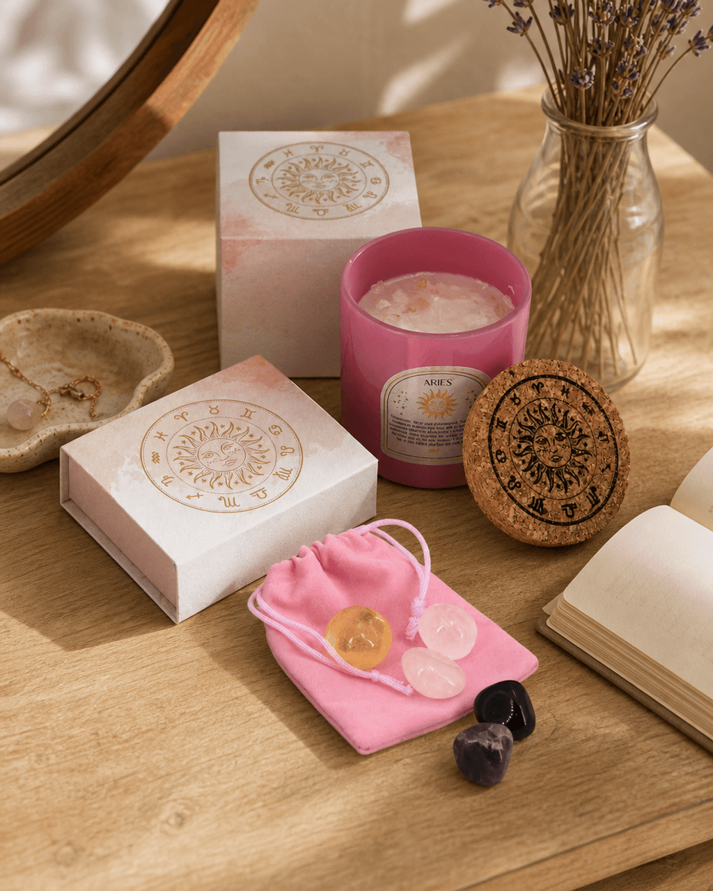 Aries Zodiac Candle & Crystal Tumblestone Set - Candles