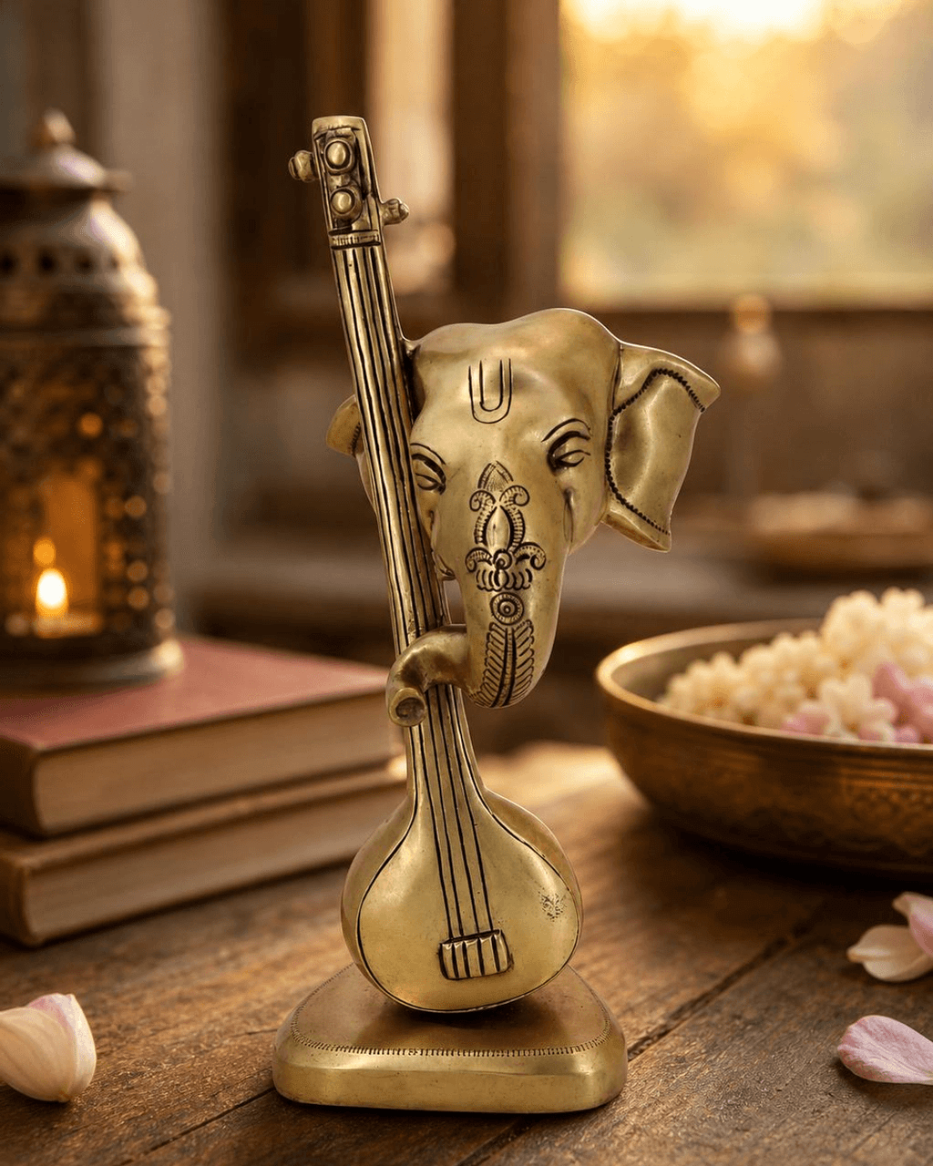 Artistic Abstract Brass Ganesh Statue Playing Sitar - Sculptures & Statues