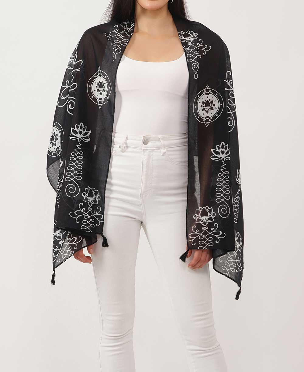Artistic And Meaningful Unalome Lotus Scarf - Scarves Black