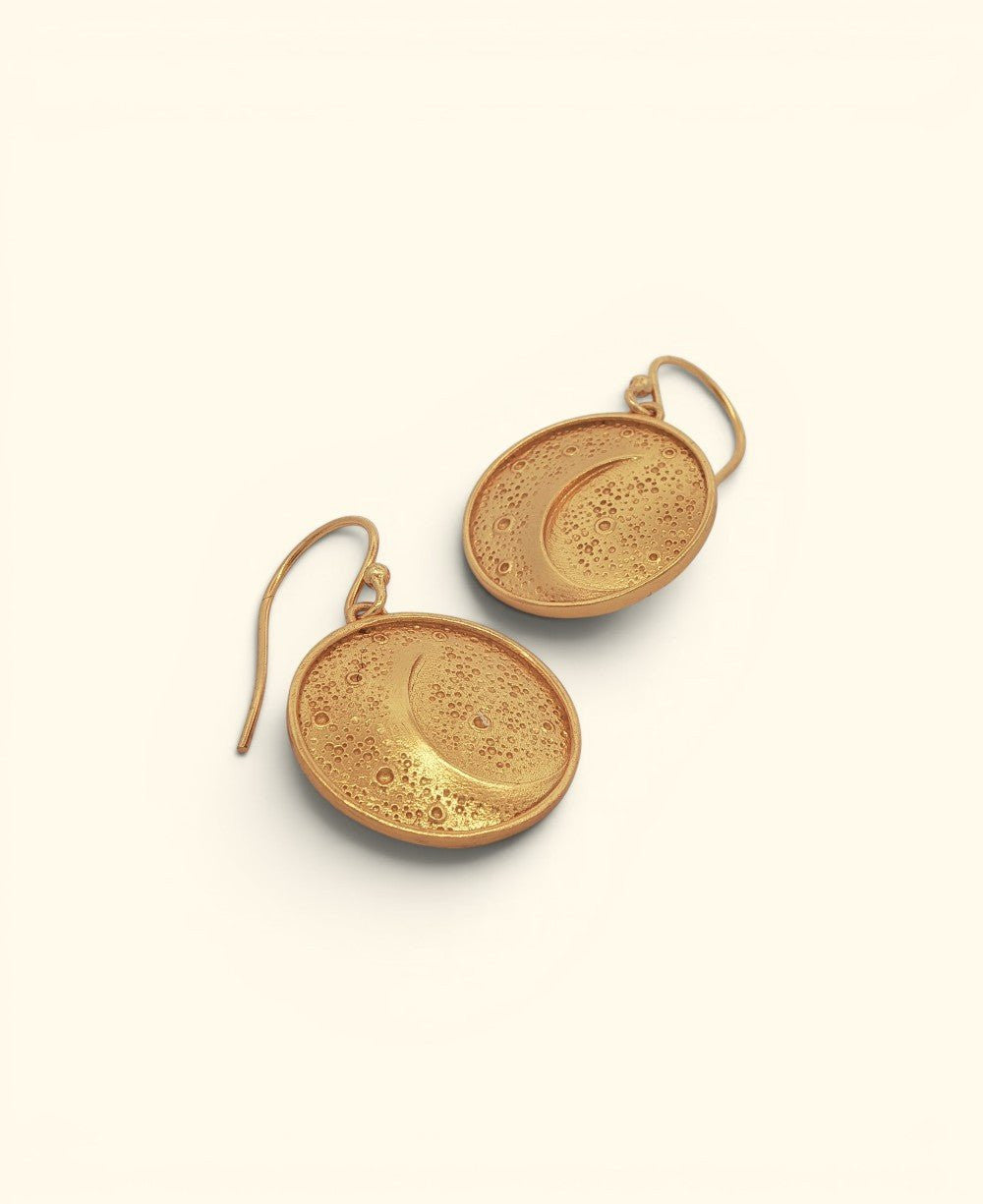 Artistic Moon Earrings — Textured Crescent Disc Drops in Gold - Plated Brass - Earrings