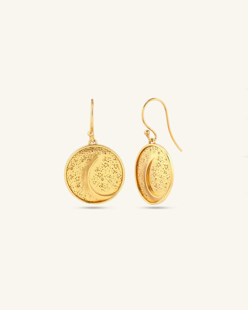 Artistic Moon Earrings — Textured Crescent Disc Drops in Gold - Plated Brass - Earrings
