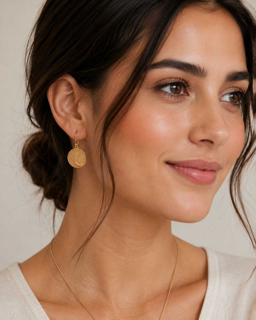 Artistic Moon Earrings — Textured Crescent Disc Drops in Gold - Plated Brass - Earrings