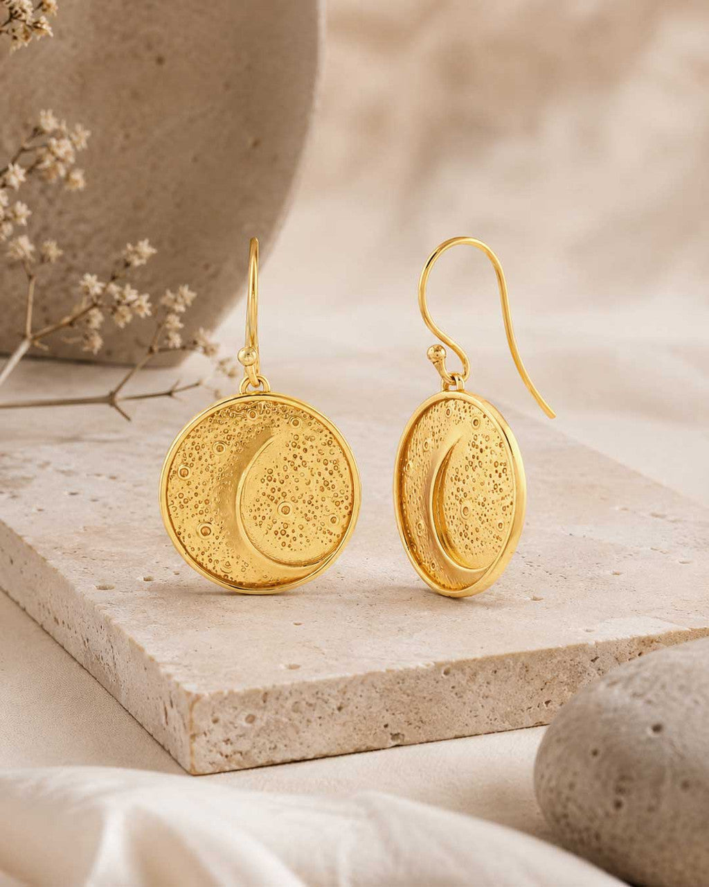 Artistic Moon Earrings — Textured Crescent Disc Drops in Gold - Plated Brass - Earrings