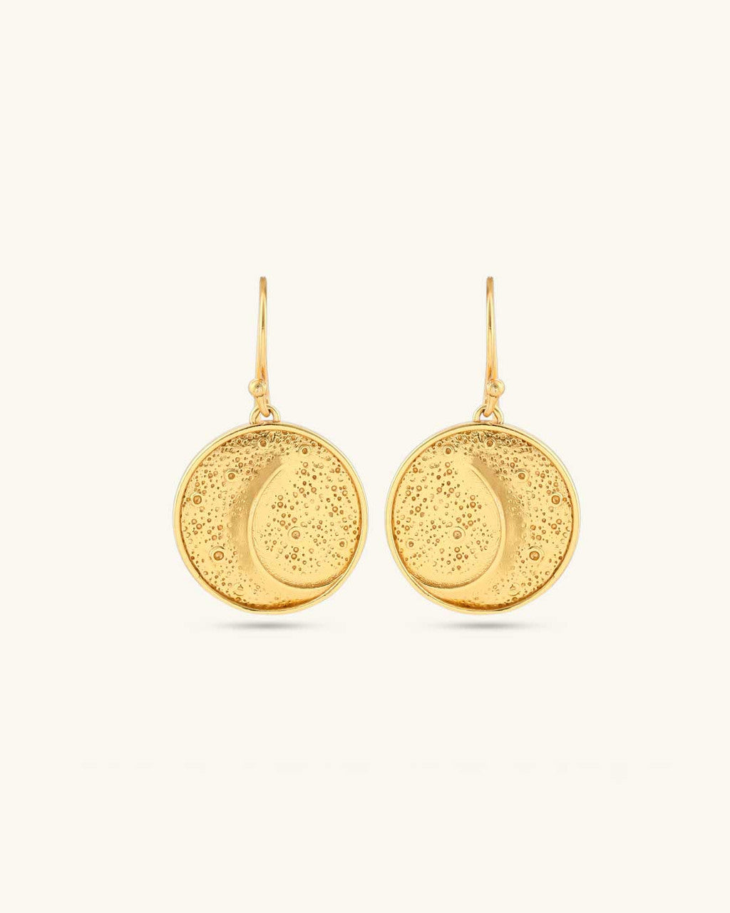Artistic Moon Earrings — Textured Crescent Disc Drops in Gold - Plated Brass - Earrings