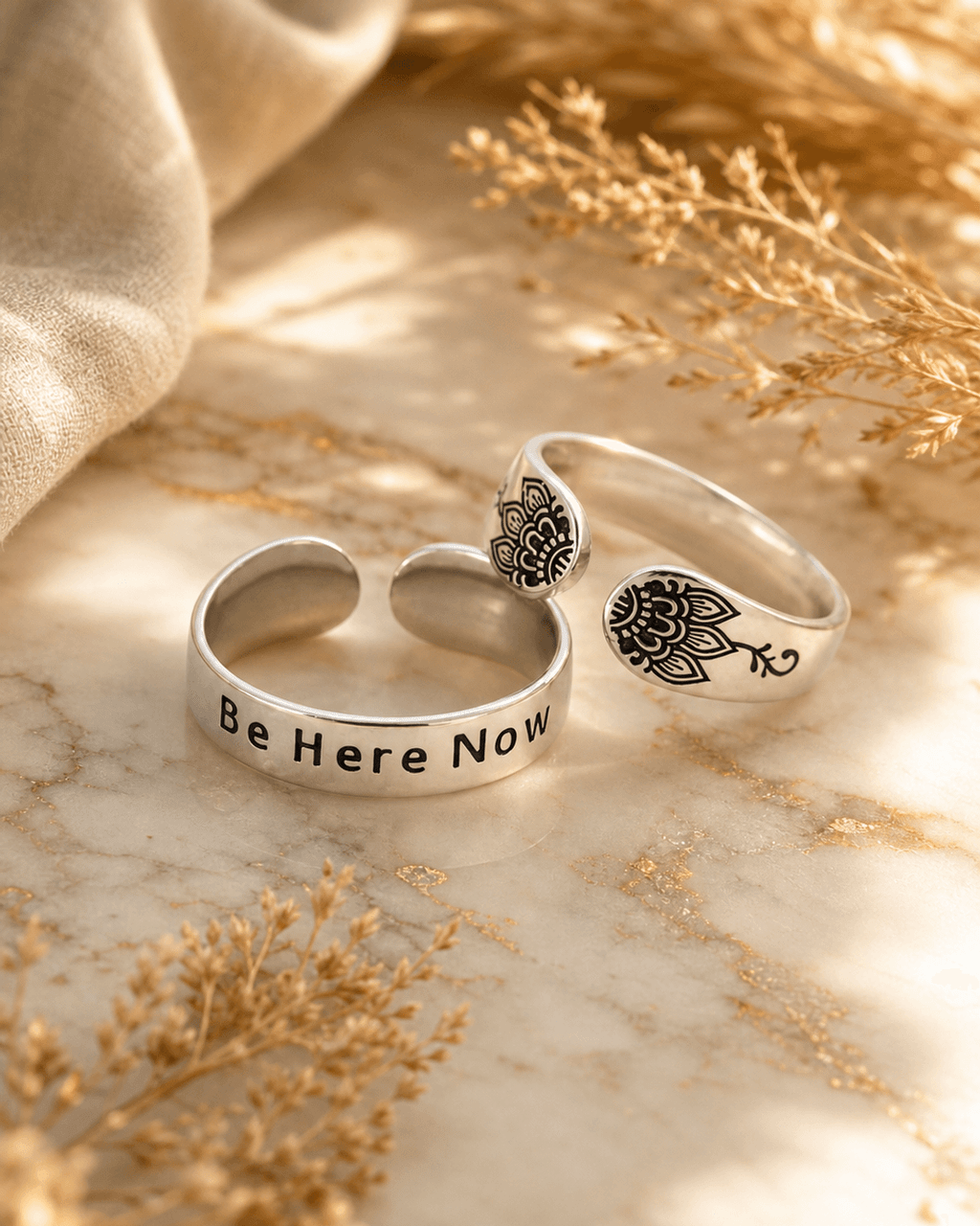 Be Here Now Adjustable Inspirational Sterling Silver Ring - Rings