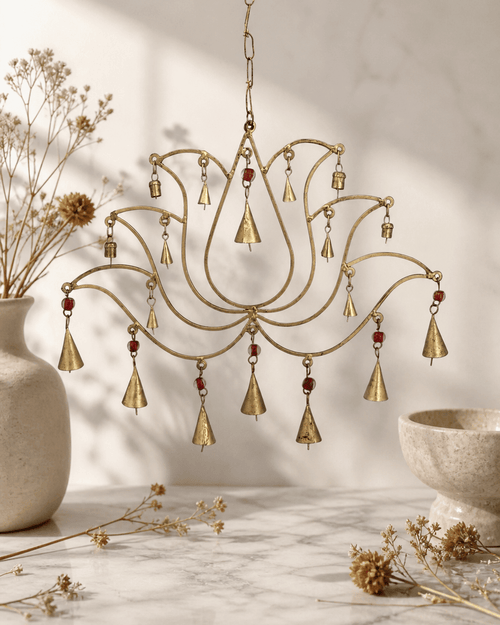 Beaded Lotus Bell Wall Hanging – Handcrafted Decorative Metal Art - Wind Chimes