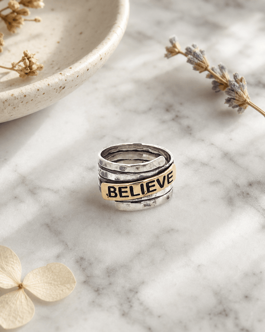 Believe Sterling Silver Hammered Finish Ring - Rings Size 6