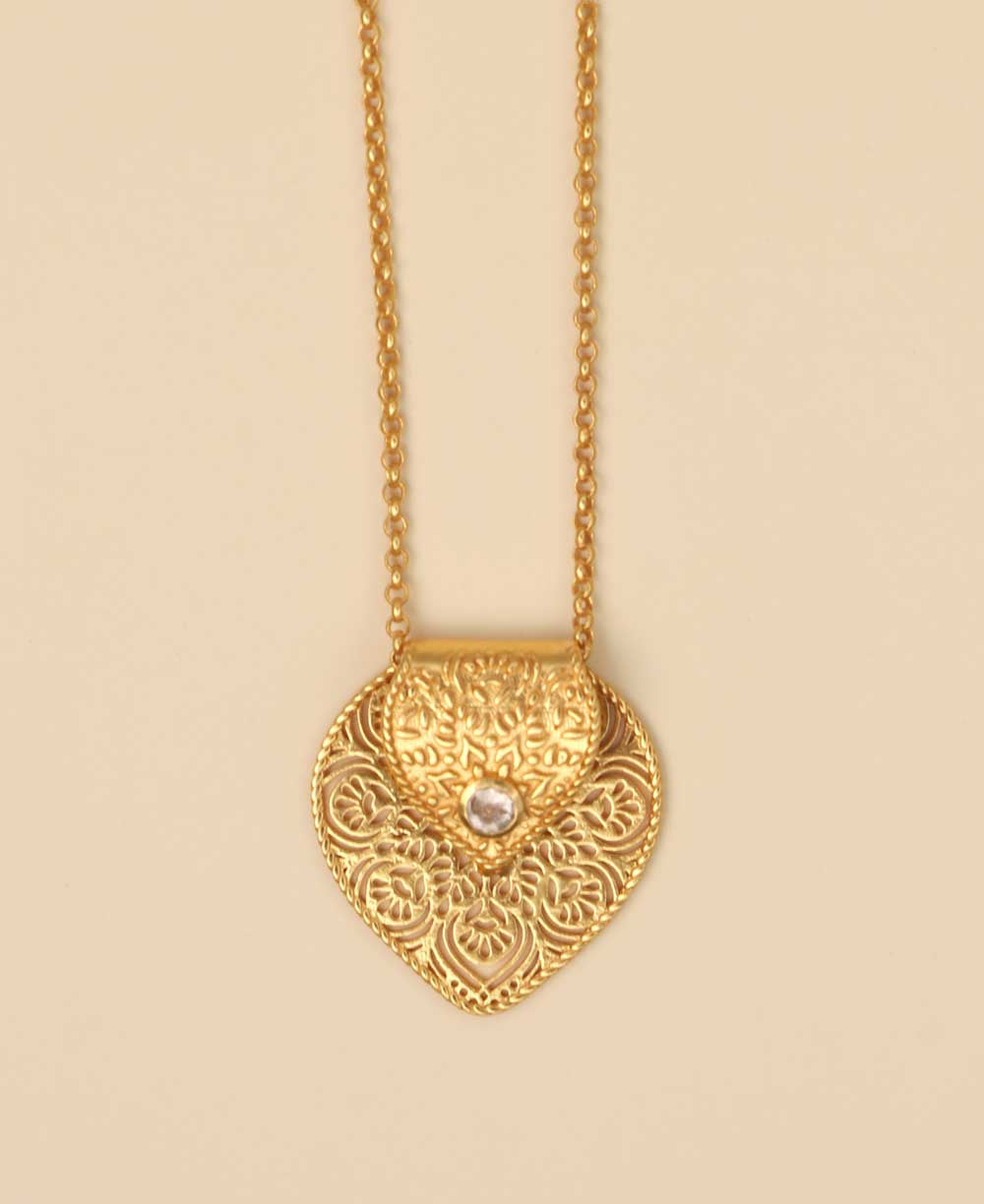 Birthstone Gemstone Gold Plated Brass Lotus Petal Mandala Necklace - Necklaces April (White Topaz)