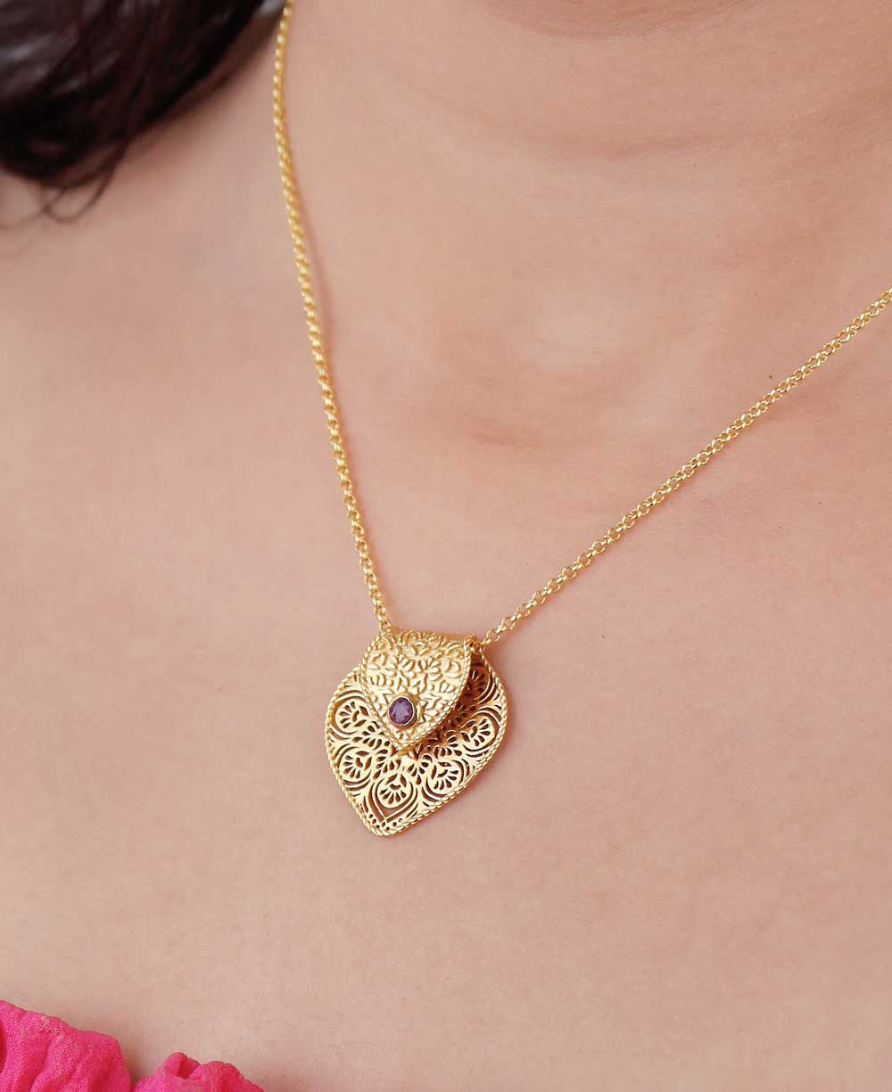 Birthstone Gemstone Gold Plated Brass Lotus Petal Mandala Necklace - Necklaces Jan (Garnet)