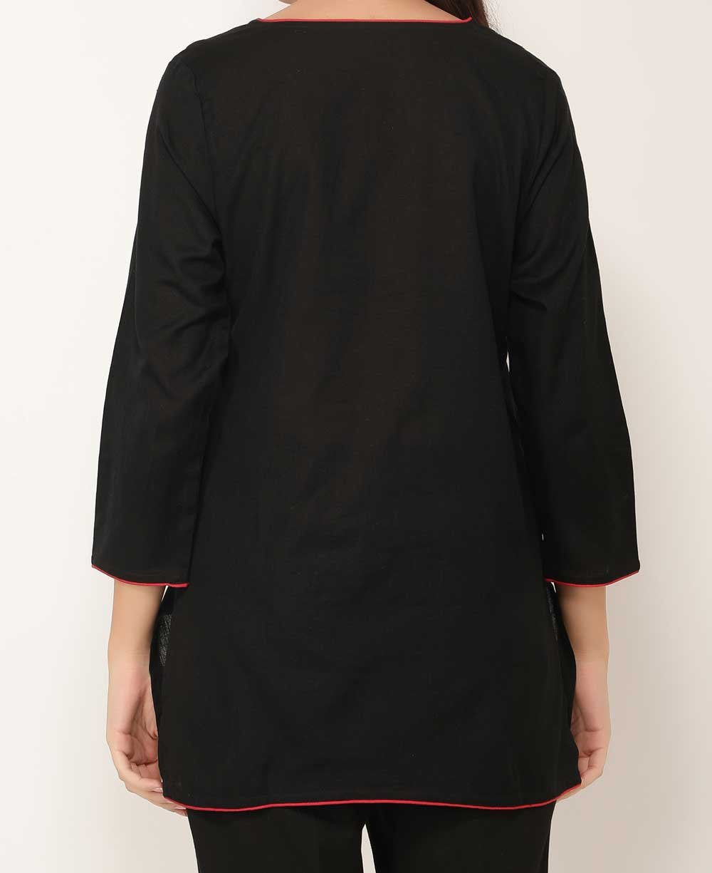 Black And Red Woven Cotton Tunic Top - Shirts & Tops S