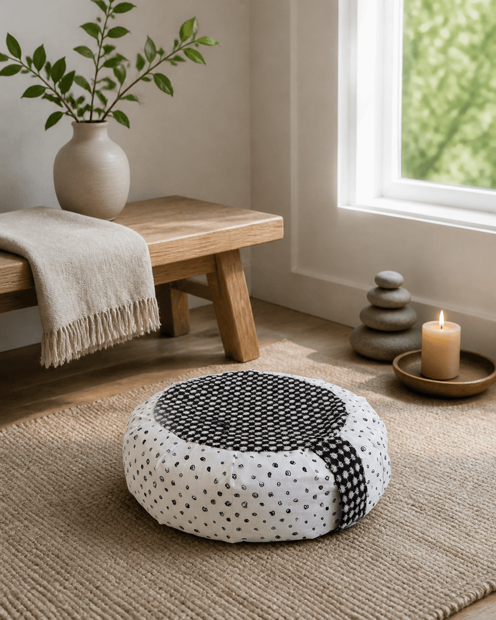 Black and White Mixed Pattern Zafu Cushion - Massage Cushions