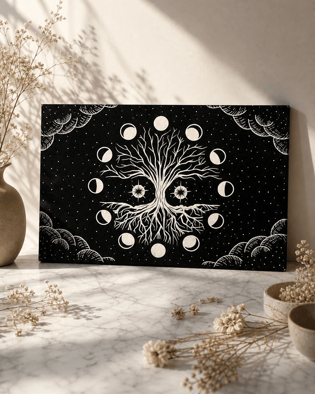 Black Leatherette Tree of Life & Moon Phases Wall Hanging – A Symbol of Our Journey and Interconnectedness - Posters, Prints, & Visual Artwork