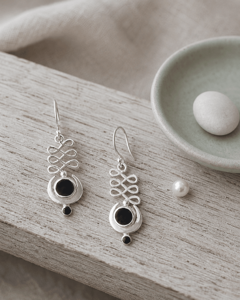 Black Onyx and Sterling Silver Unalome Moon Earrings - Earrings