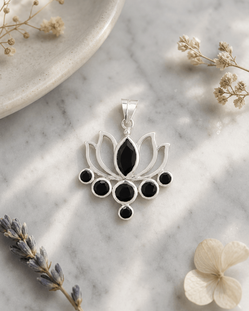 Black Onyx Lotus Pendant, Sterling Silver - Pendant