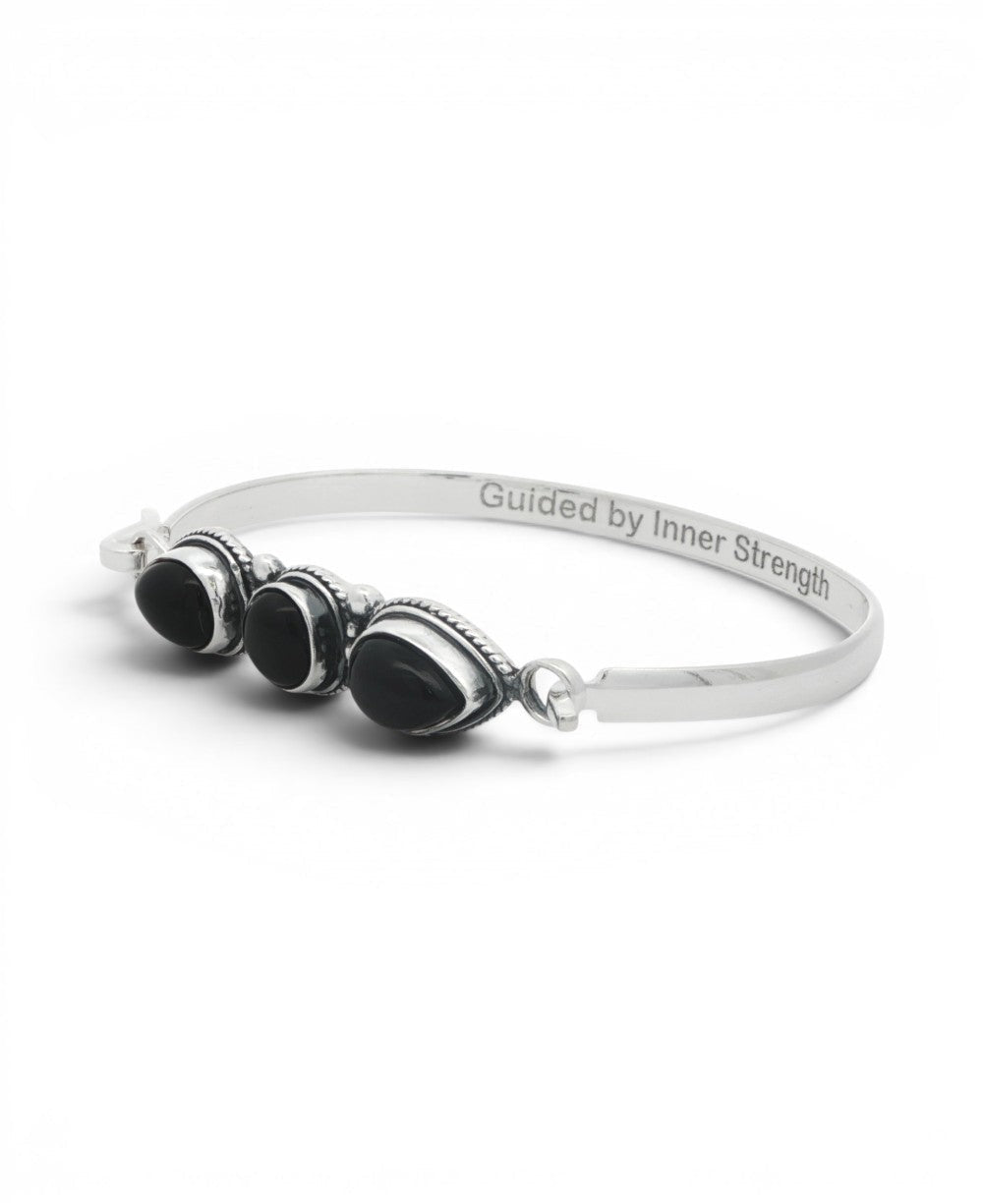 Black Onyx Three - Stone Bracelet — Guided by Inner Strength Engraved Cuff - Jewelry