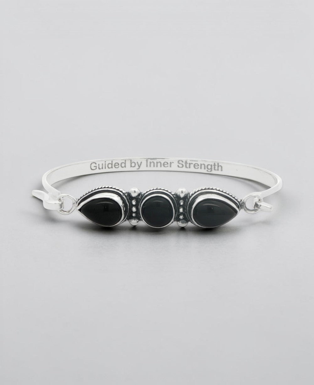 Black Onyx Three - Stone Bracelet — Guided by Inner Strength Engraved Cuff - Jewelry