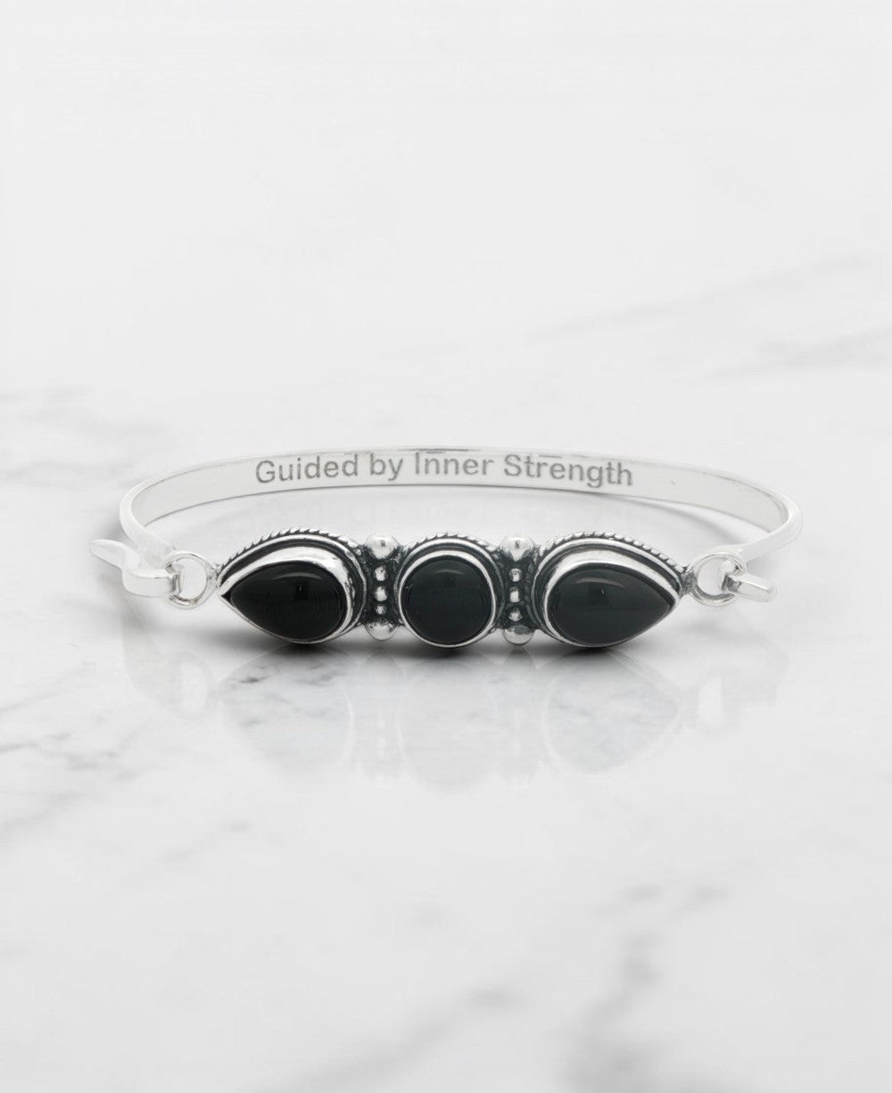 Black Onyx Three - Stone Bracelet — Guided by Inner Strength Engraved Cuff - Jewelry