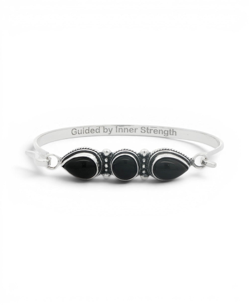 Black Onyx Three - Stone Bracelet — Guided by Inner Strength Engraved Cuff - Jewelry