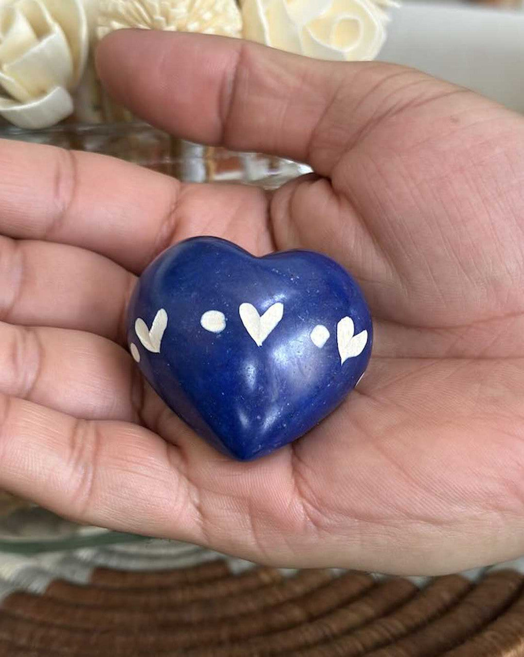 Blue Etched Soapstone Hearts Set of 6 - Decor