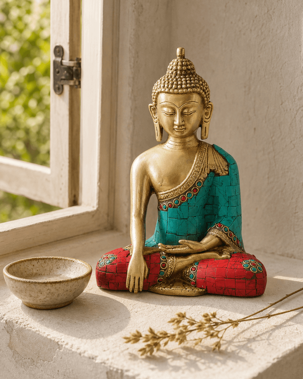 Brass Shakyamuni Buddha Statue with Colorful Detailing - Sculptures & Statues