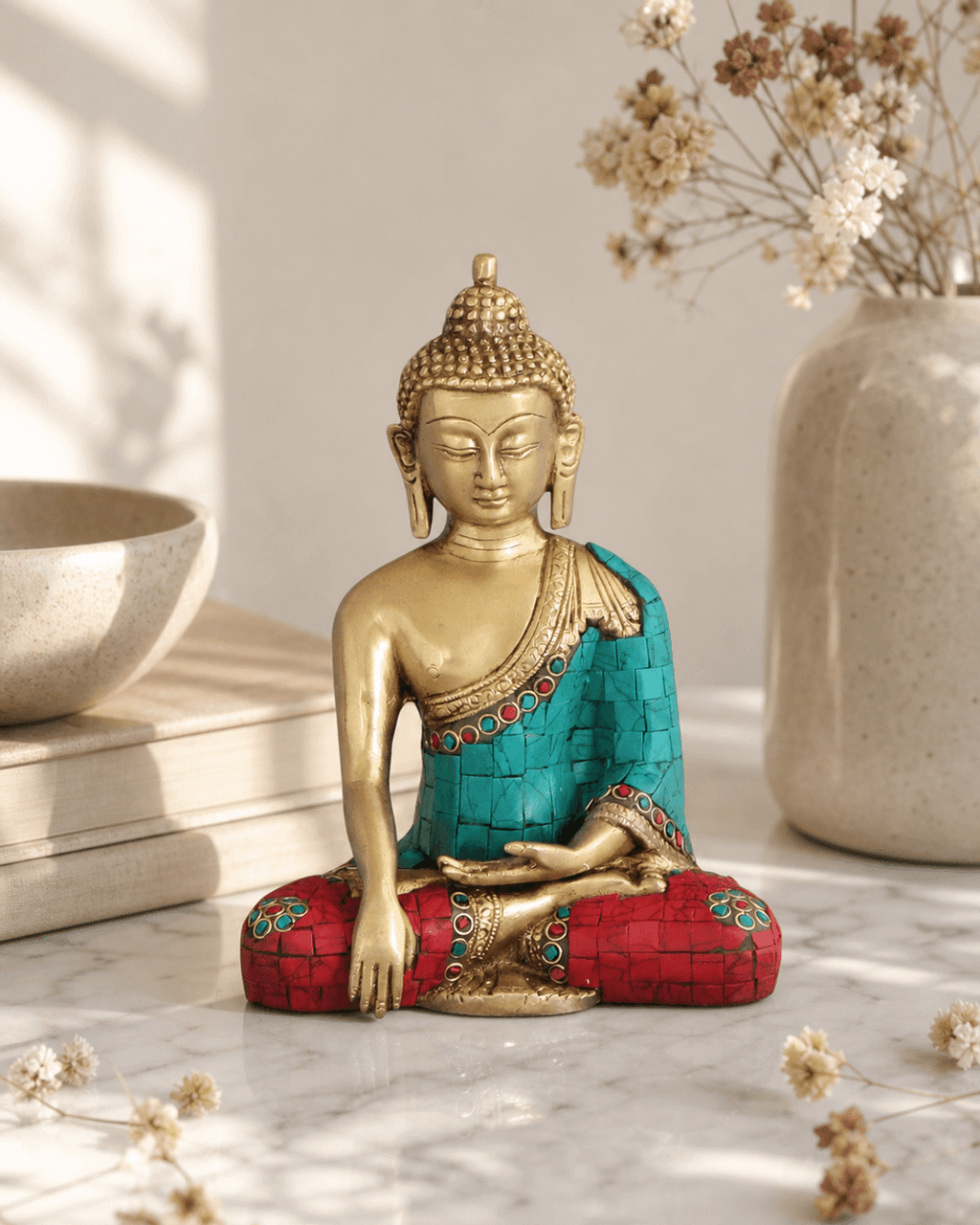 Brass Shakyamuni Buddha Statue with Colorful Detailing - Sculptures & Statues